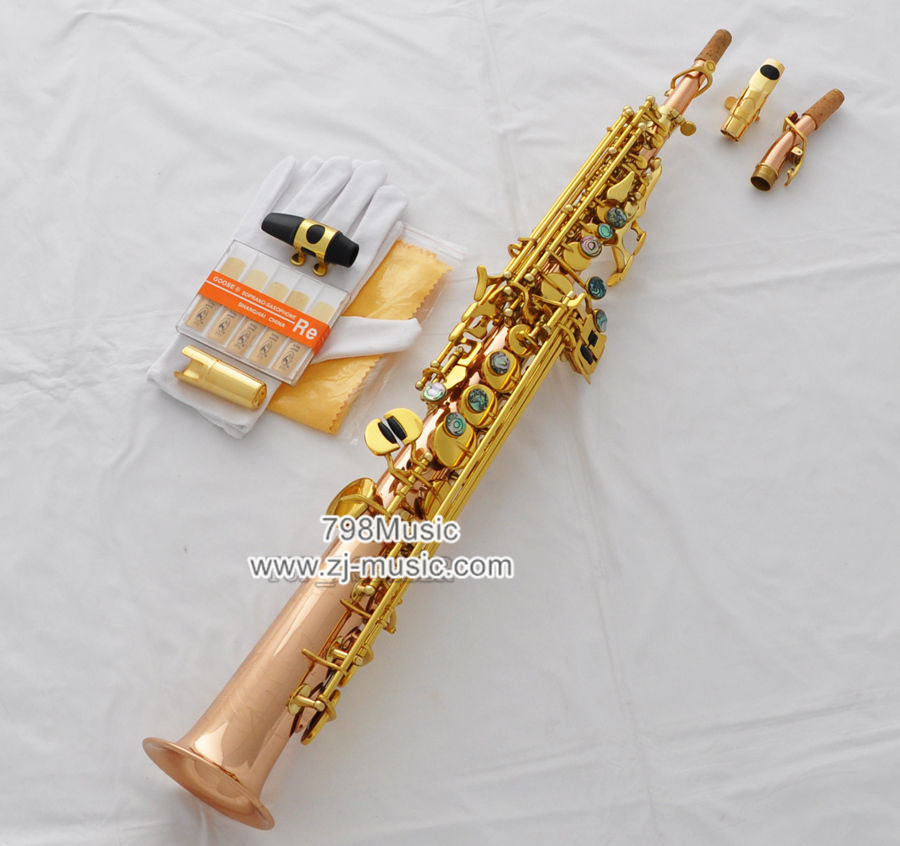 Bb Soprano Saxophone Rose Brass Gold Keys-Abalone Shell-2 Necks