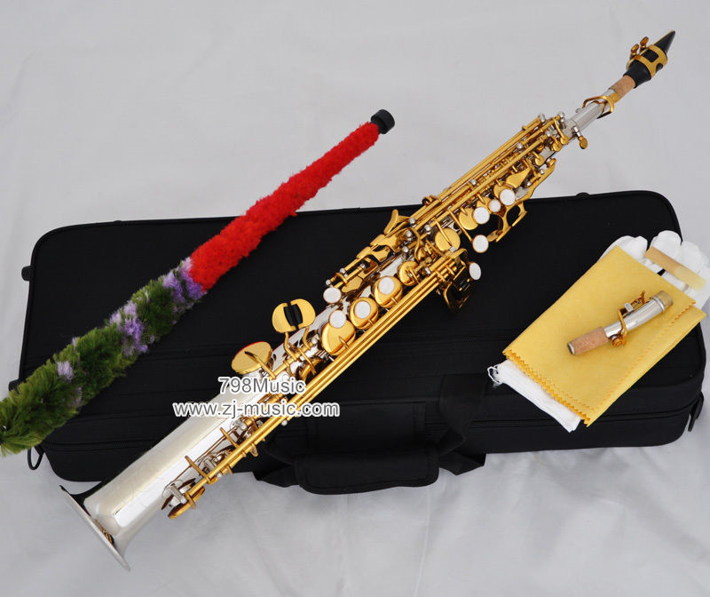 Bb Soprano Saxophone Silver Plated-Gold Keys-Pearl Shell-2 Necks