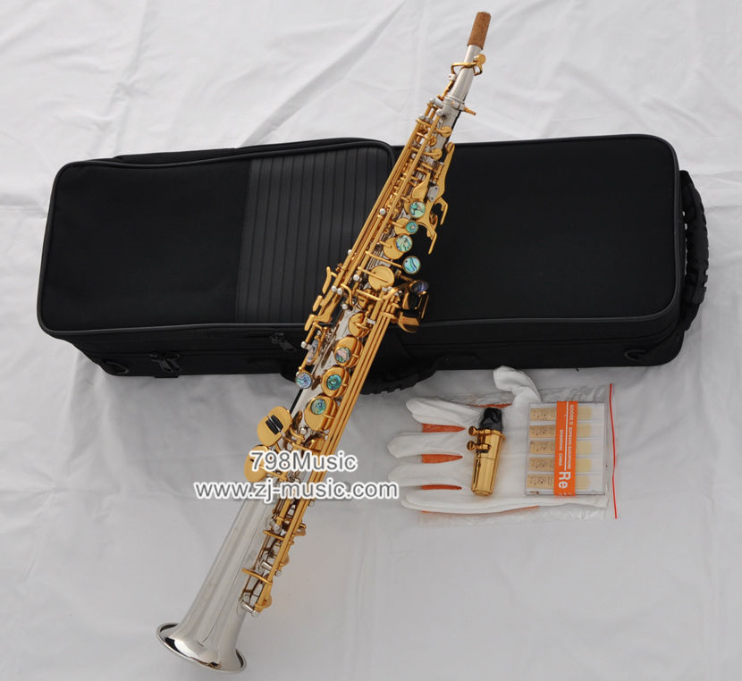 Soprano Saxophone Silver Plated-Gold Keys-Abalone Shell-2 Necks