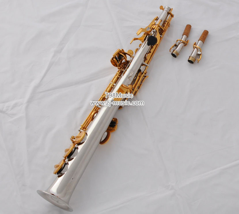Soprano Saxophone Silver Plated-Gold Keys-Abalone Shell-2 Necks