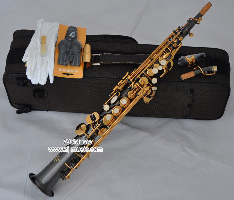 Soprano Saxophone Black Nickel-Gold Keys-Pearl Shell-2 Necks