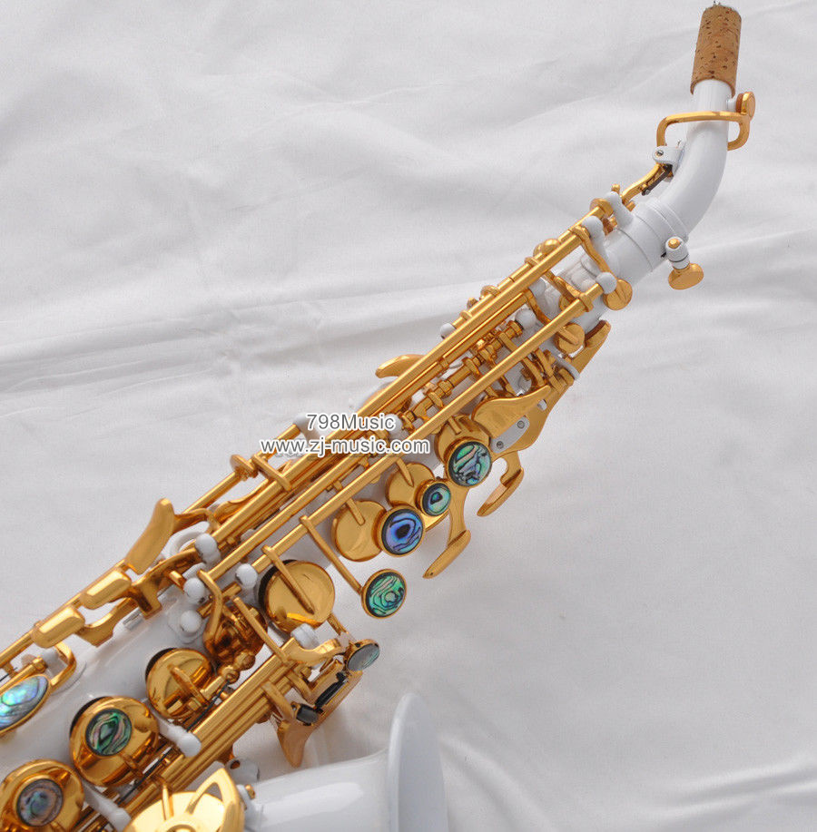 Bb Soprano Saxophone White Gold Keys-Abalone Shell-Curved - Click Image to Close