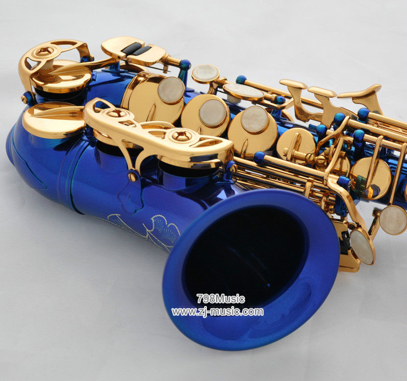 Bb Soprano Saxophone Blue Lacquer-Gold Keys-Pearl Shell-Curved - Click Image to Close