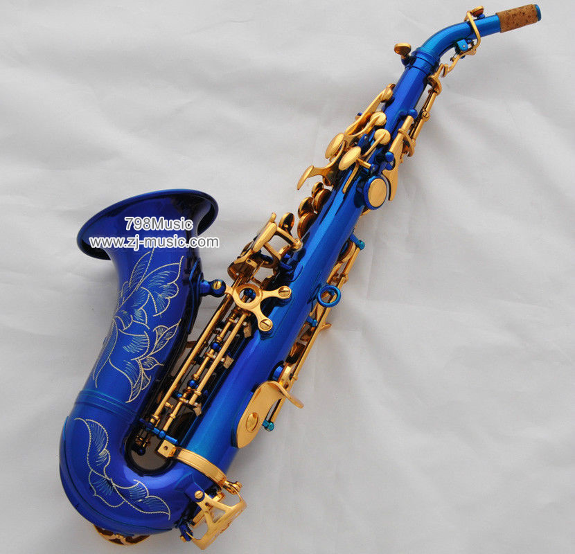 Bb Soprano Saxophone Blue Lacquer-Gold Keys-Pearl Shell-Curved - Click Image to Close