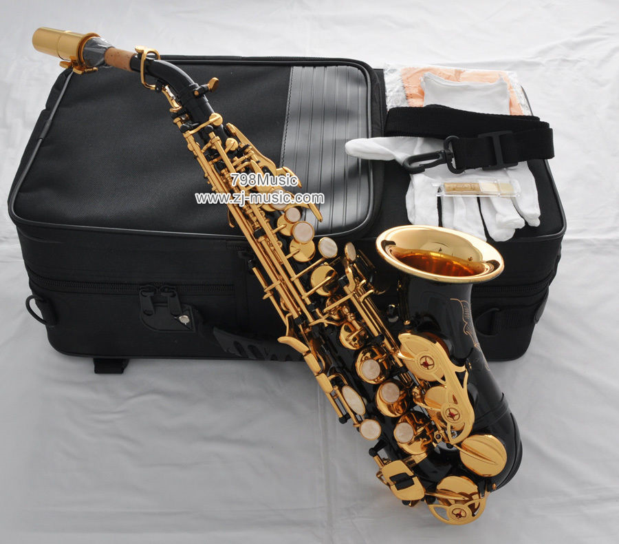 Bb Soprano Saxophone Black Lacquer-Gold Bell-Pearl Shell-Curved